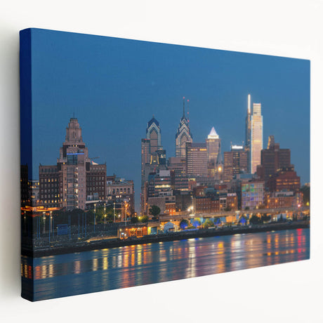 Large abstract cityscape in vibrant twilight hues on a framed canvas, ideal for kitchen wall art.
