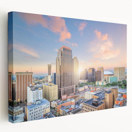 Large canvas print of a vibrant abstract cityscape in blue and orange tones, suitable for kitchen wall decor.