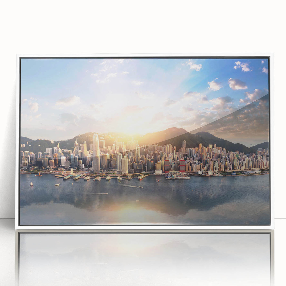 Art deco poster featuring a geometric pattern in muted gold and navy tones, printed on framed canvas.