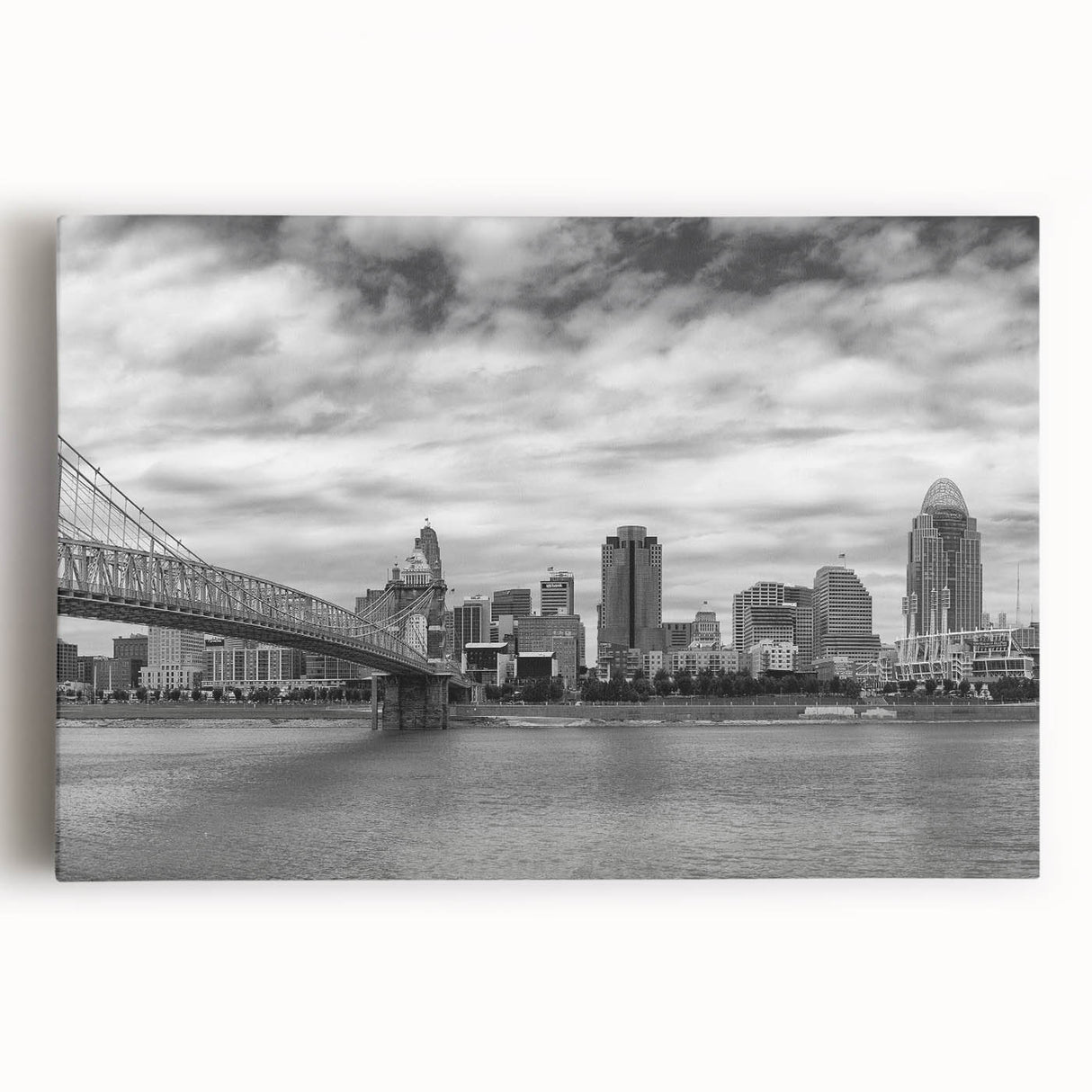 Large black and white acrylic print of a cityscape, ideal for kitchen wall art.