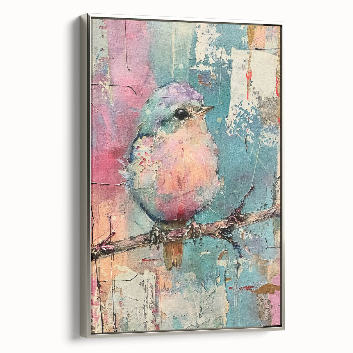 Framed canvas wall art showcasing a vibrant abstract design in silver tones, displayed in a stylish setting, perfect for modern home decor.