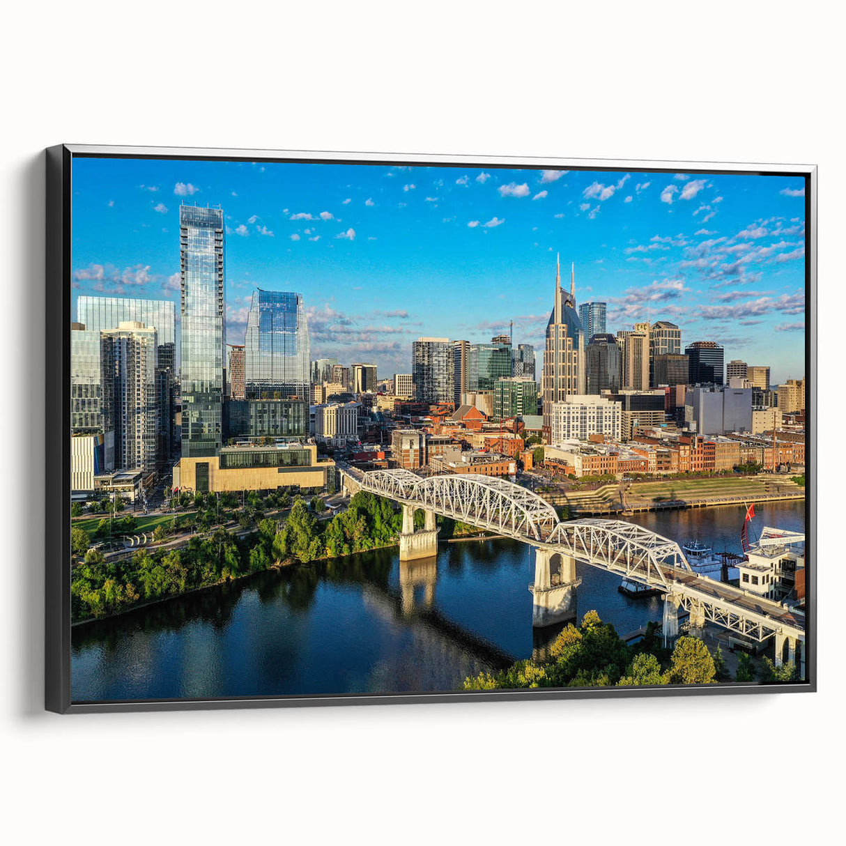 Black and white landscape art painting on canvas, depicting a serene tree-lined river, ideal for bedroom wall decor.