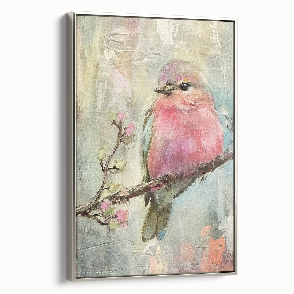 Framed canvas print featuring a sleek silver frame, showcasing vibrant artwork. The piece is elegantly displayed from a side view, highlighting its modern aesthetic and craftsmanship. Ideal for enhancing home decor with a touch of contemporary style.