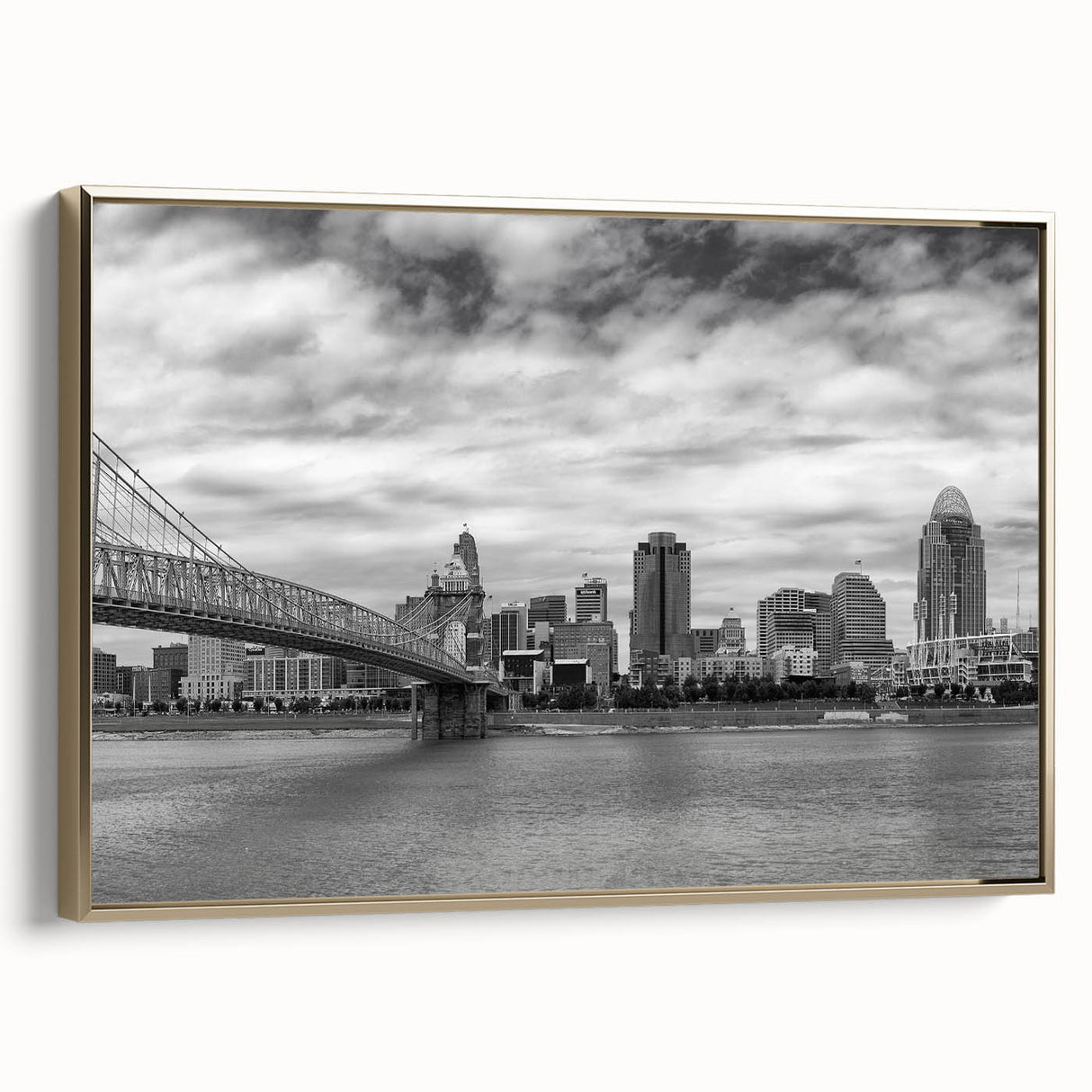 Landscape painting of a serene lake at dusk, rendered in muted gray and black tones on a framed canvas.