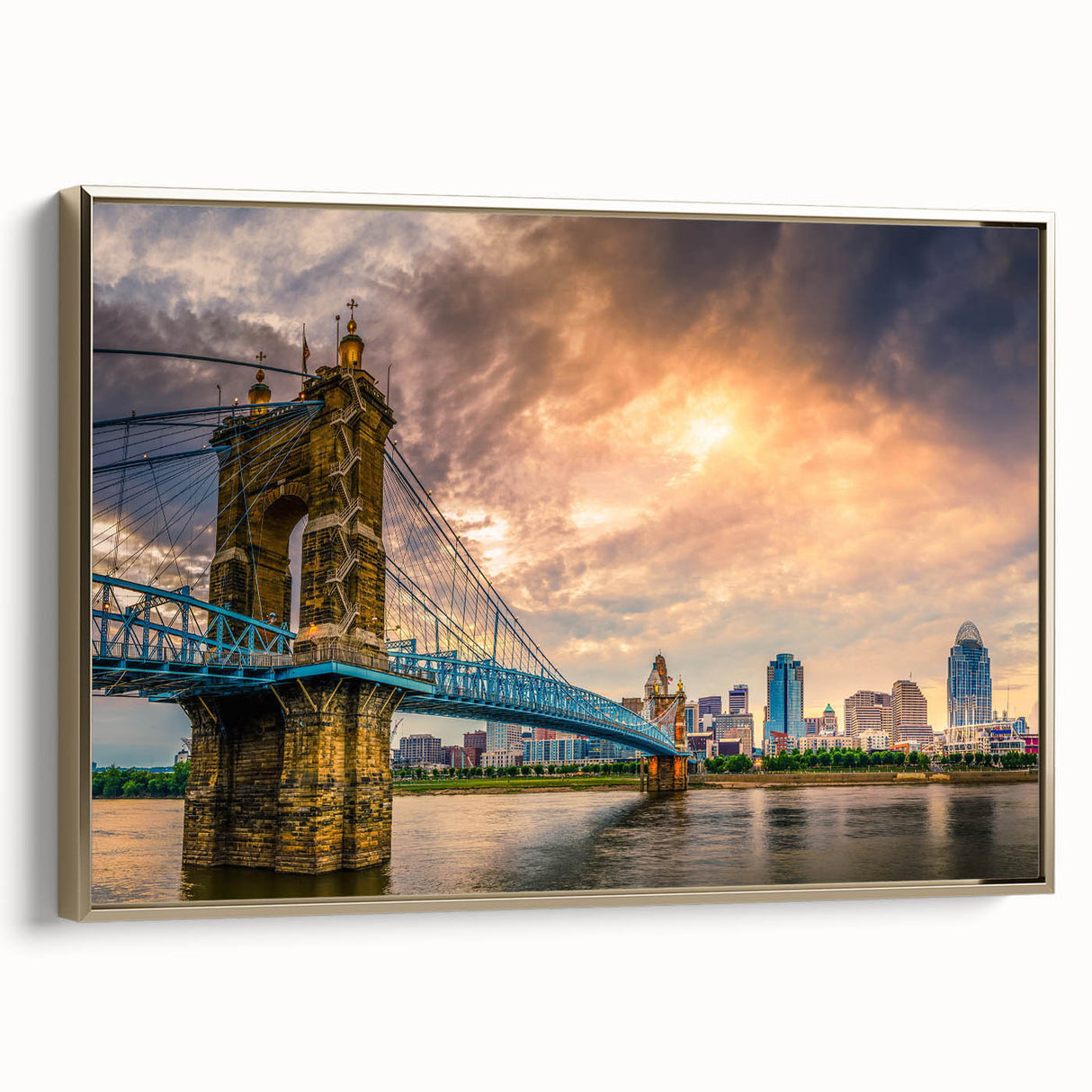 Landscape painting of a serene lake and mountains in muted earth tones on a framed canvas, ideal for bedroom wall decor.