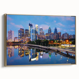 Landscape painting of a serene lake at sunset, rendered in muted grays and blacks on a framed canvas.