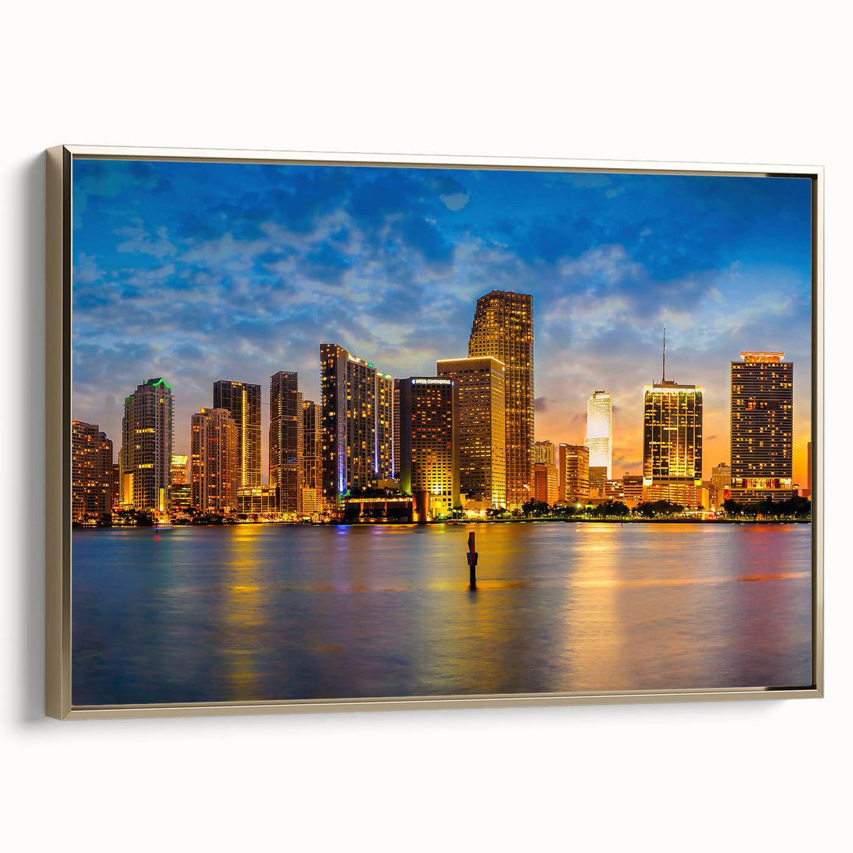 Landscape painting of a serene lake at sunset, featuring muted earth tones on a framed canvas, ideal for bedroom wall art.