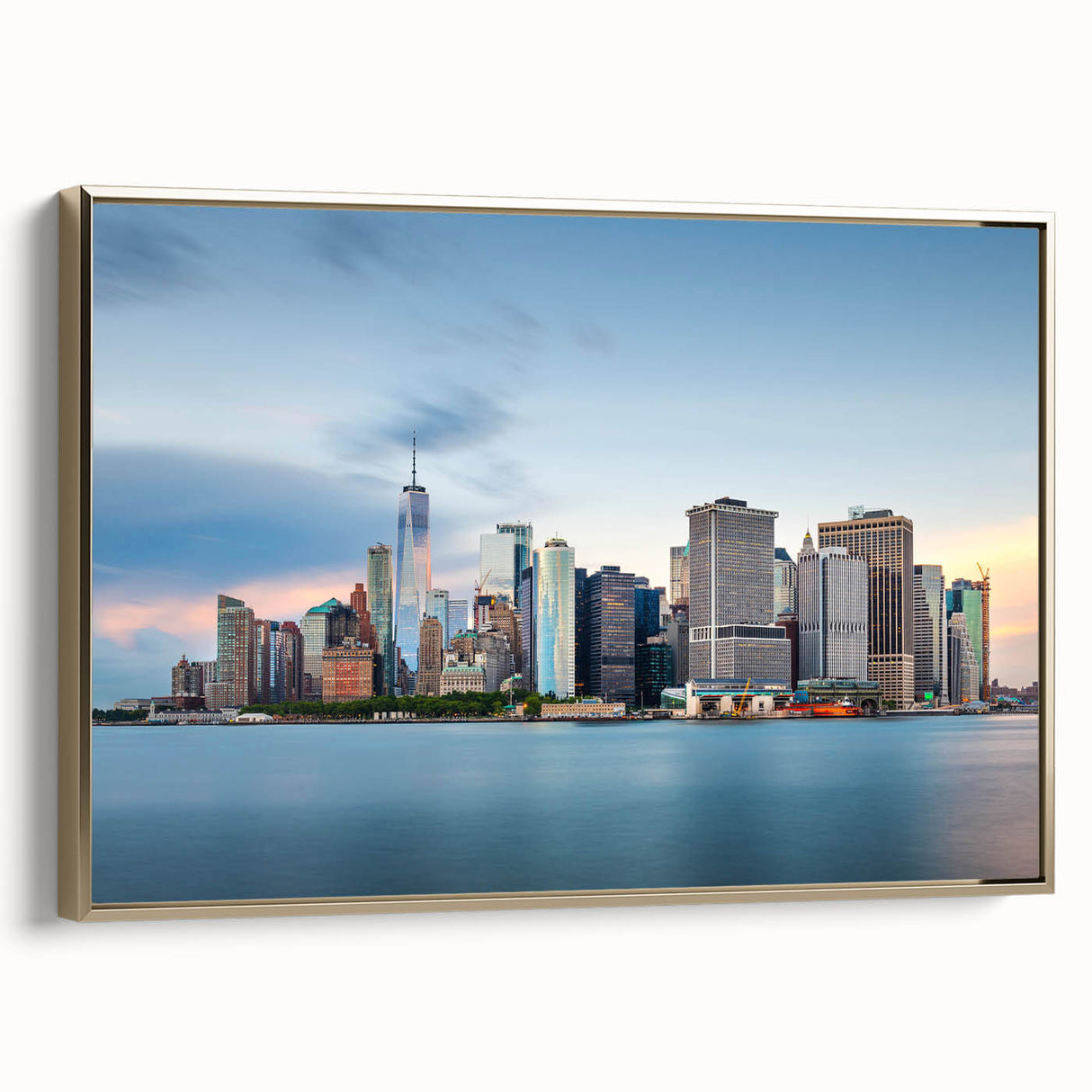 Landscape painting featuring a serene lake scene in muted gray and black tones on a framed poster.