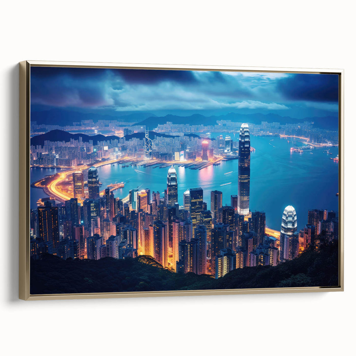 Landscape painting of a serene lake at dusk, featuring muted gray and black tones on a framed canvas.