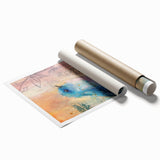 Rolled canvas print showcasing vibrant African tribal art, featuring intricate patterns and colors, securely packaged in a protective cardboard tube for shipping.