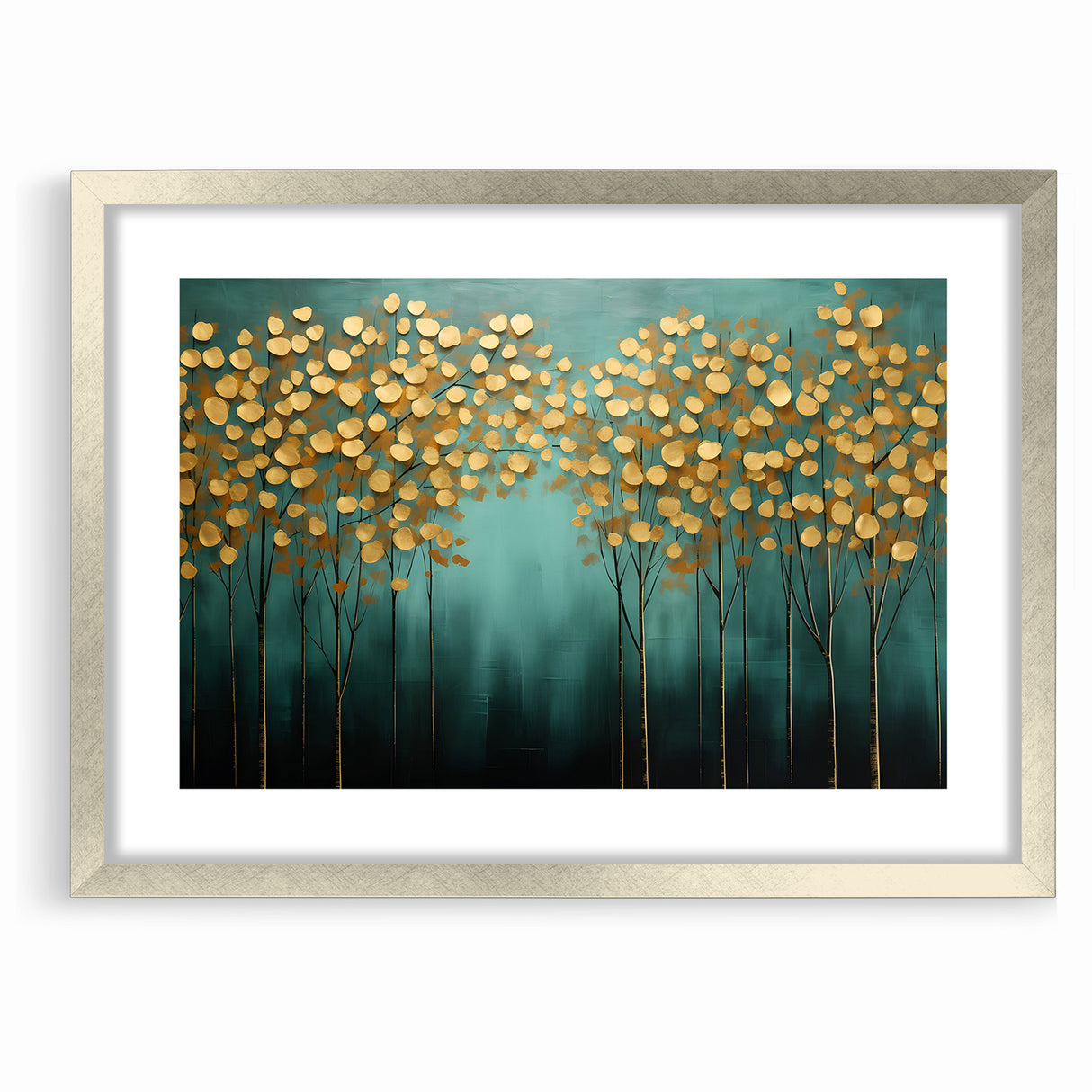 Golden Leaf Canopy on Green Canvas - Abstract Forest Wall Art