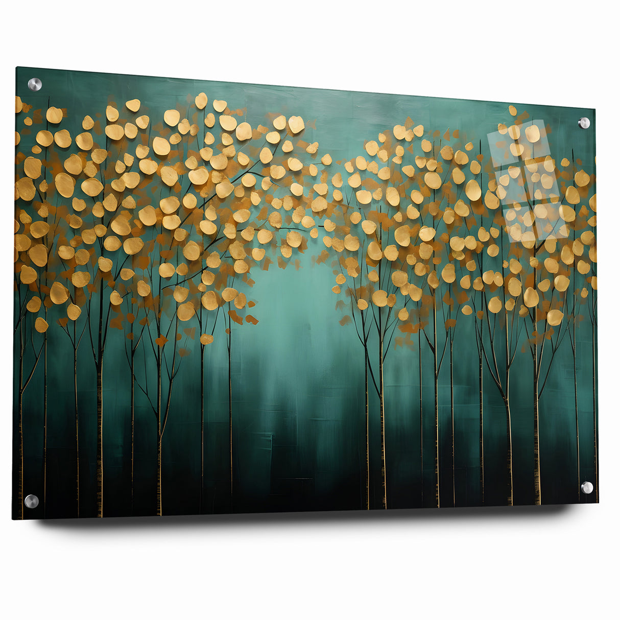 Golden Leaf Canopy on Green Canvas - Abstract Forest Wall Art