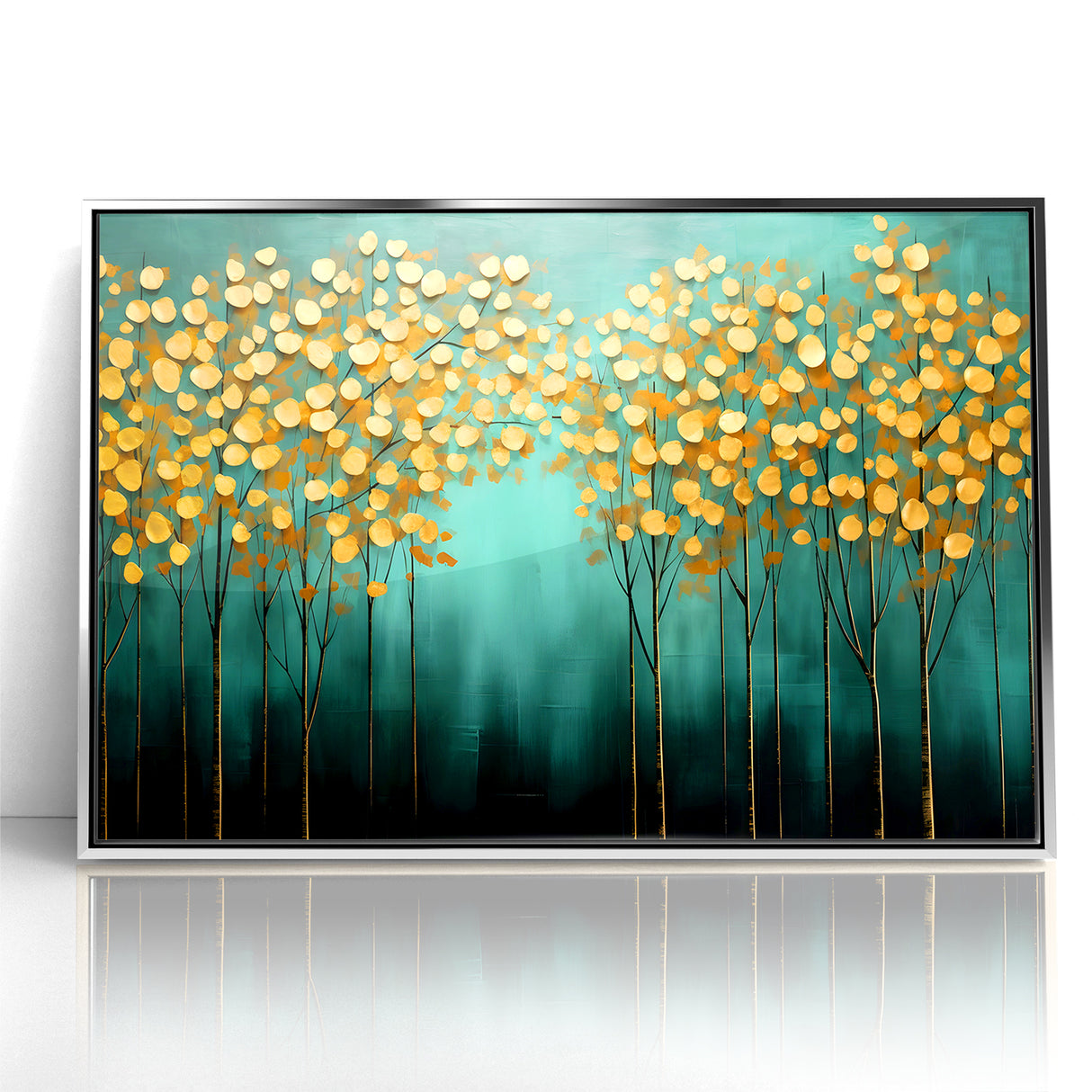 Golden Leaf Canopy on Green Canvas - Abstract Forest Wall Art