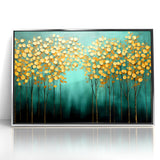Golden Leaf Canopy on Green Canvas - Abstract Forest Wall Art