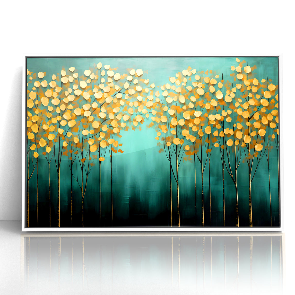 Golden Leaf Canopy on Green Canvas - Abstract Forest Wall Art