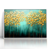 Golden Leaf Canopy on Green Canvas - Abstract Forest Wall Art