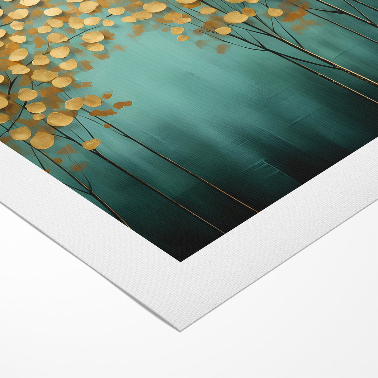 Golden Leaf Canopy on Green Canvas - Abstract Forest Wall Art