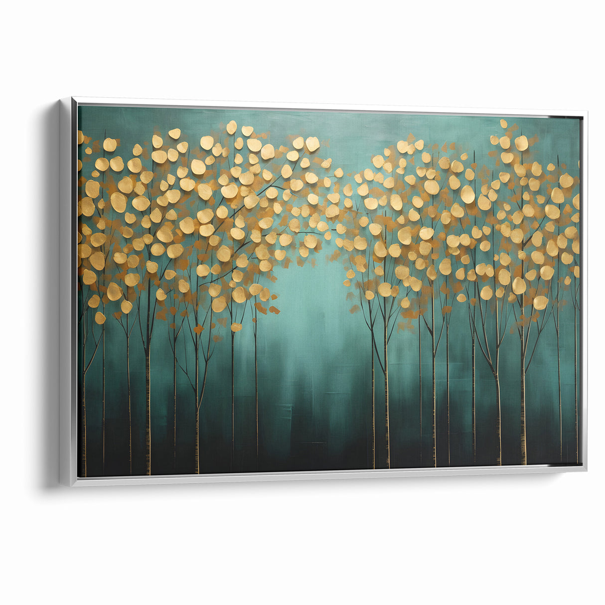 Golden Leaf Canopy on Green Canvas - Abstract Forest Wall Art