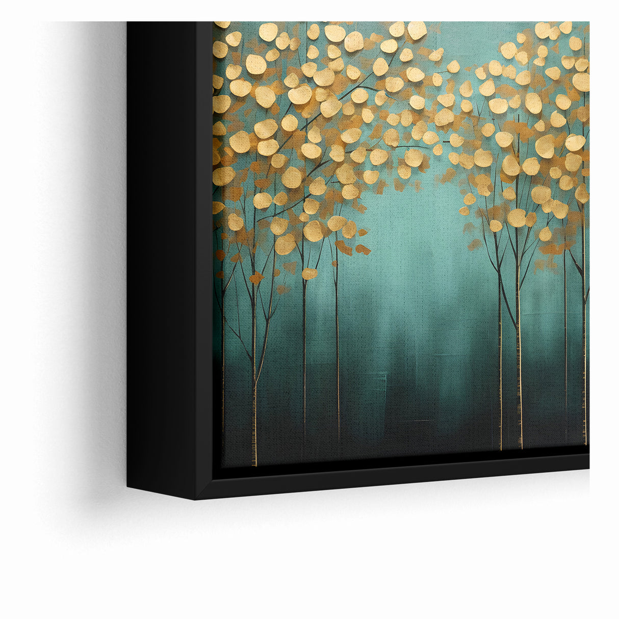 Golden Leaf Canopy on Green Canvas - Abstract Forest Wall Art