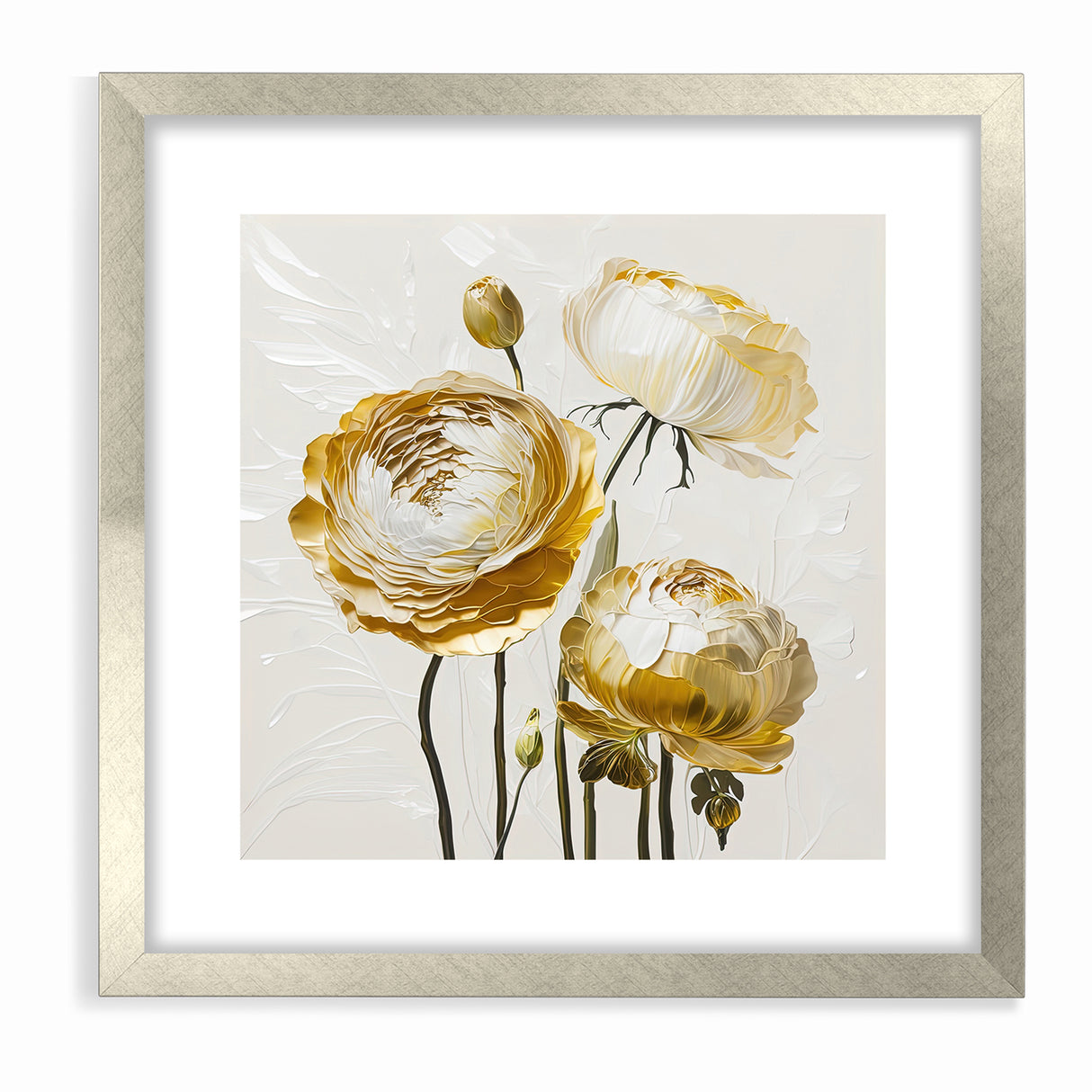 Elegant White and Gold Floral Canvas - Modern Abstract Flower Art