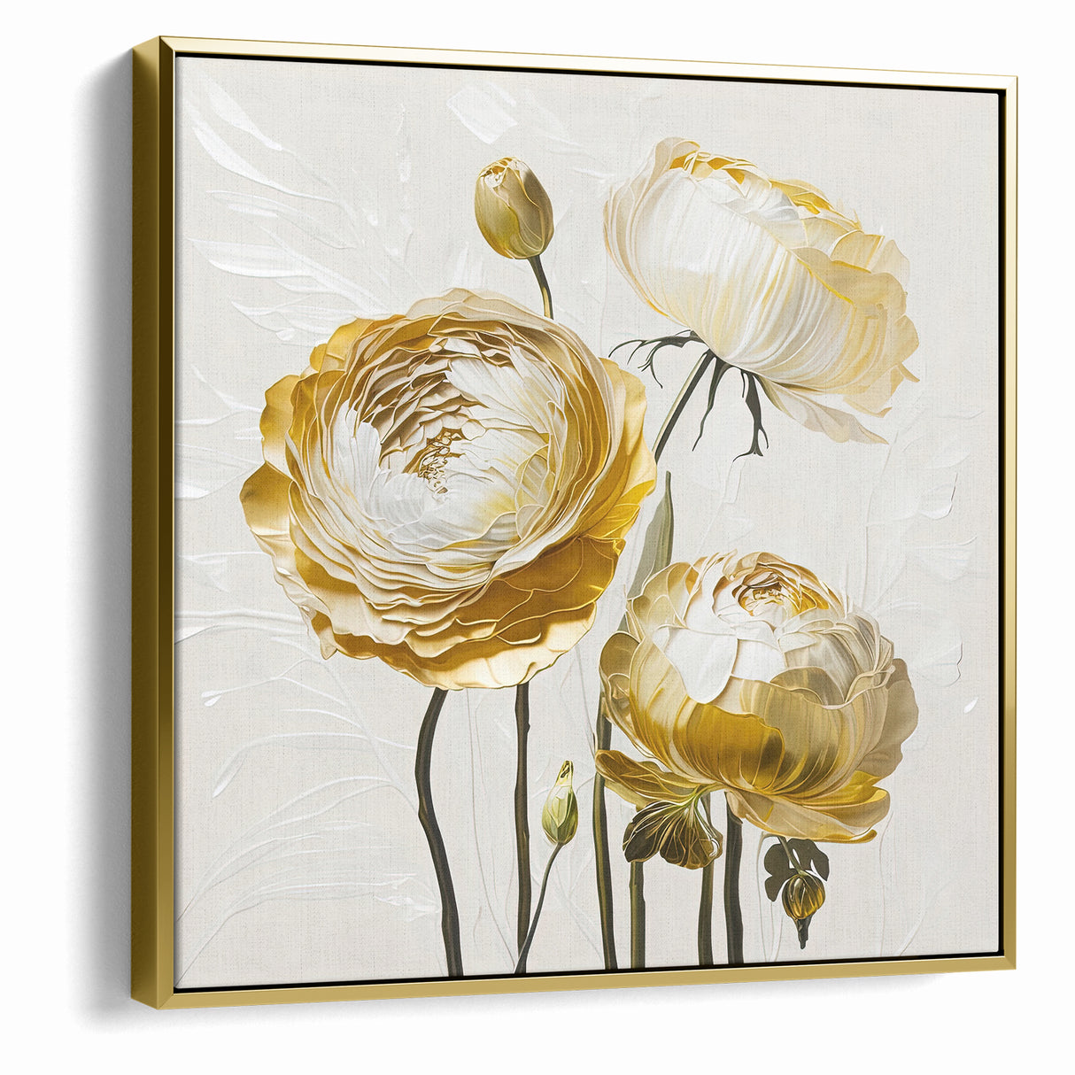 Elegant White and Gold Floral Canvas - Modern Abstract Flower Art