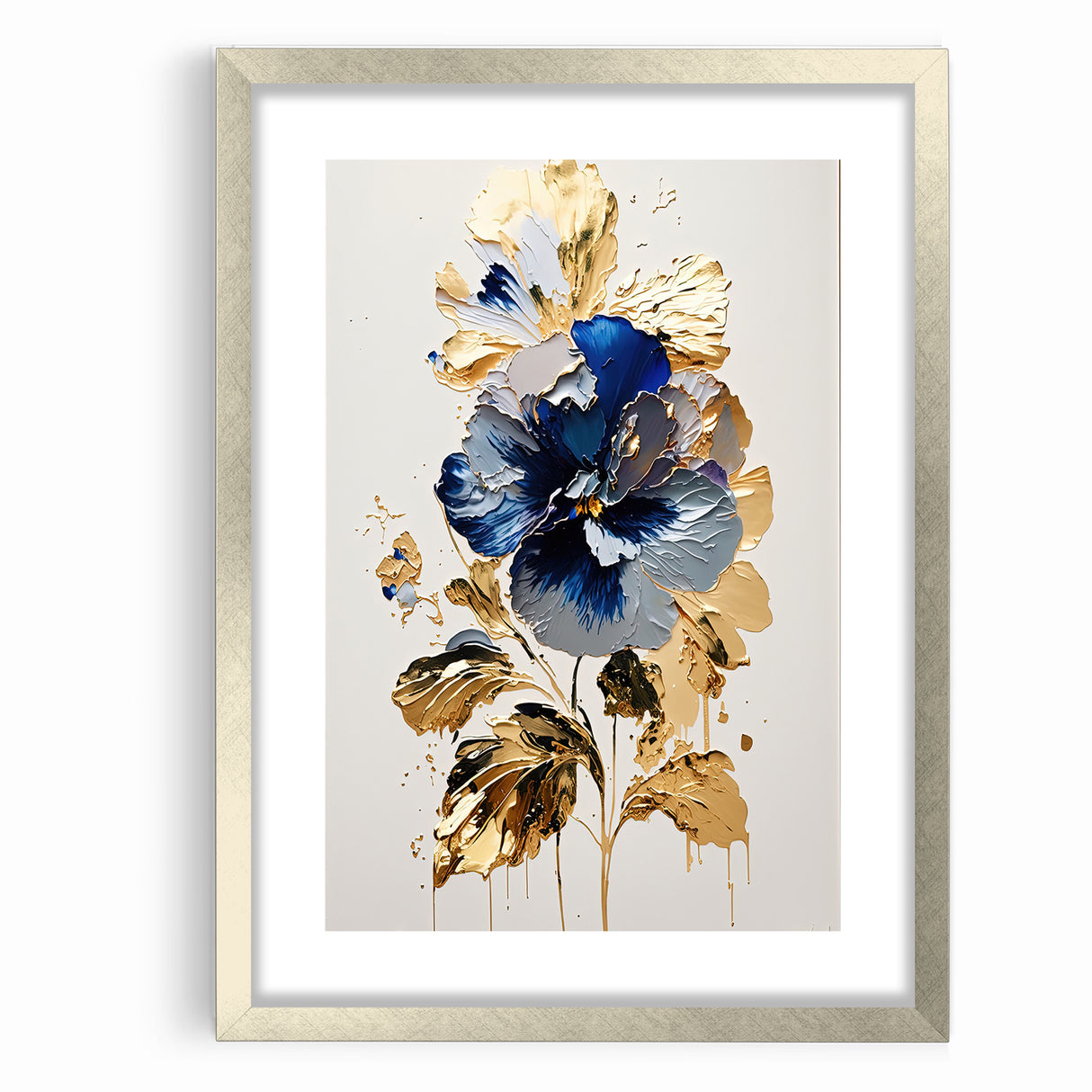 Modern Floral Abstract Canvas - Elegant Blue and Gold Flower Wall Art
