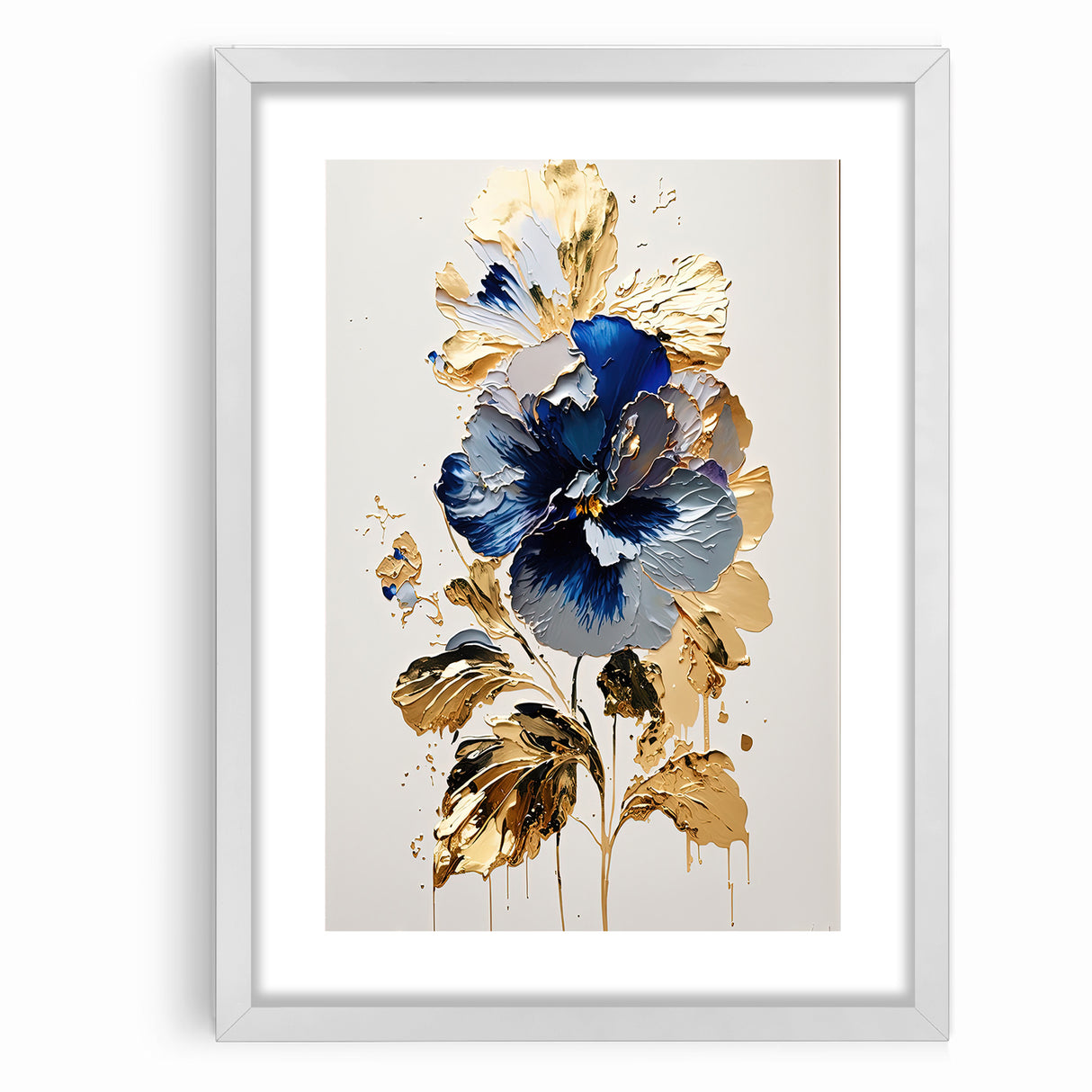 Modern Floral Abstract Canvas - Elegant Blue and Gold Flower Wall Art