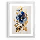 Modern Floral Abstract Canvas - Elegant Blue and Gold Flower Wall Art