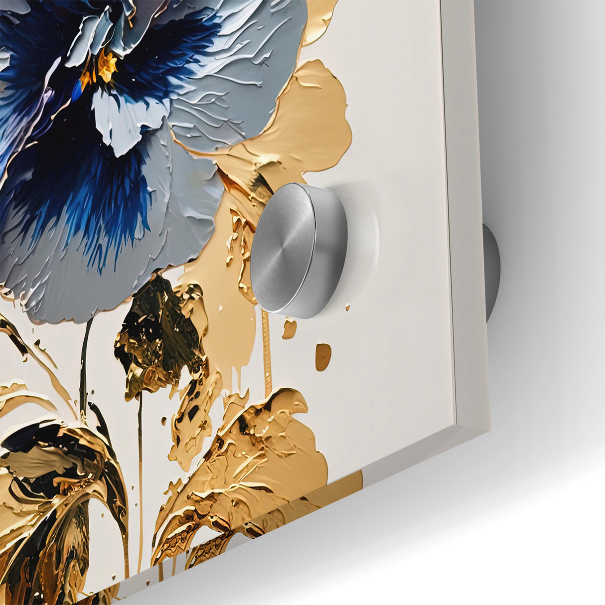 Modern Floral Abstract Canvas - Elegant Blue and Gold Flower Wall Art