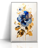 Modern Floral Abstract Canvas - Elegant Blue and Gold Flower Wall Art