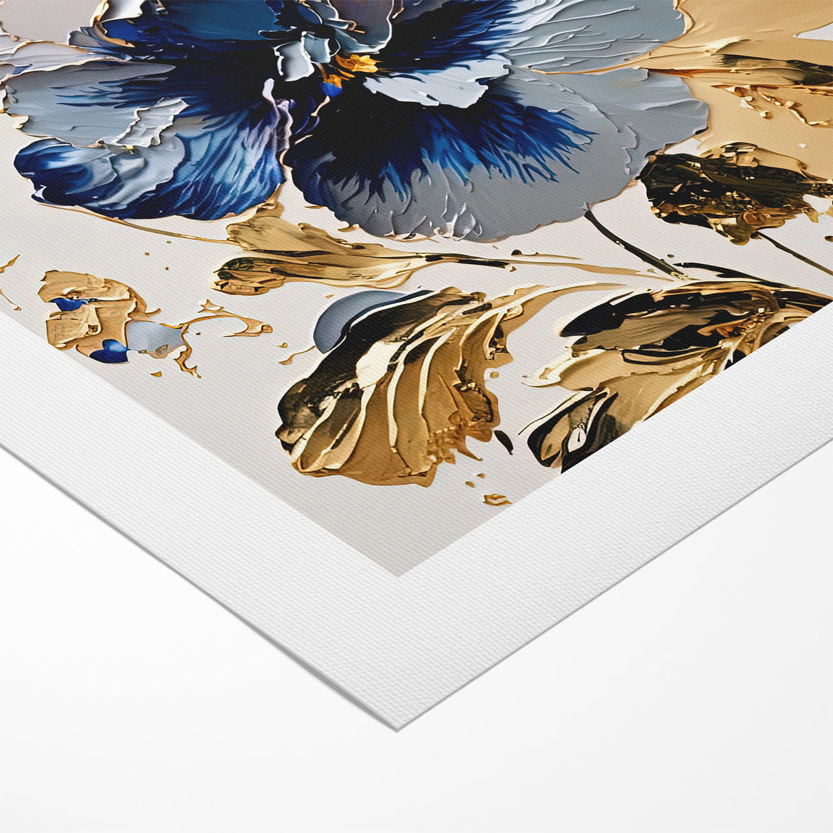 Modern Floral Abstract Canvas - Elegant Blue and Gold Flower Wall Art