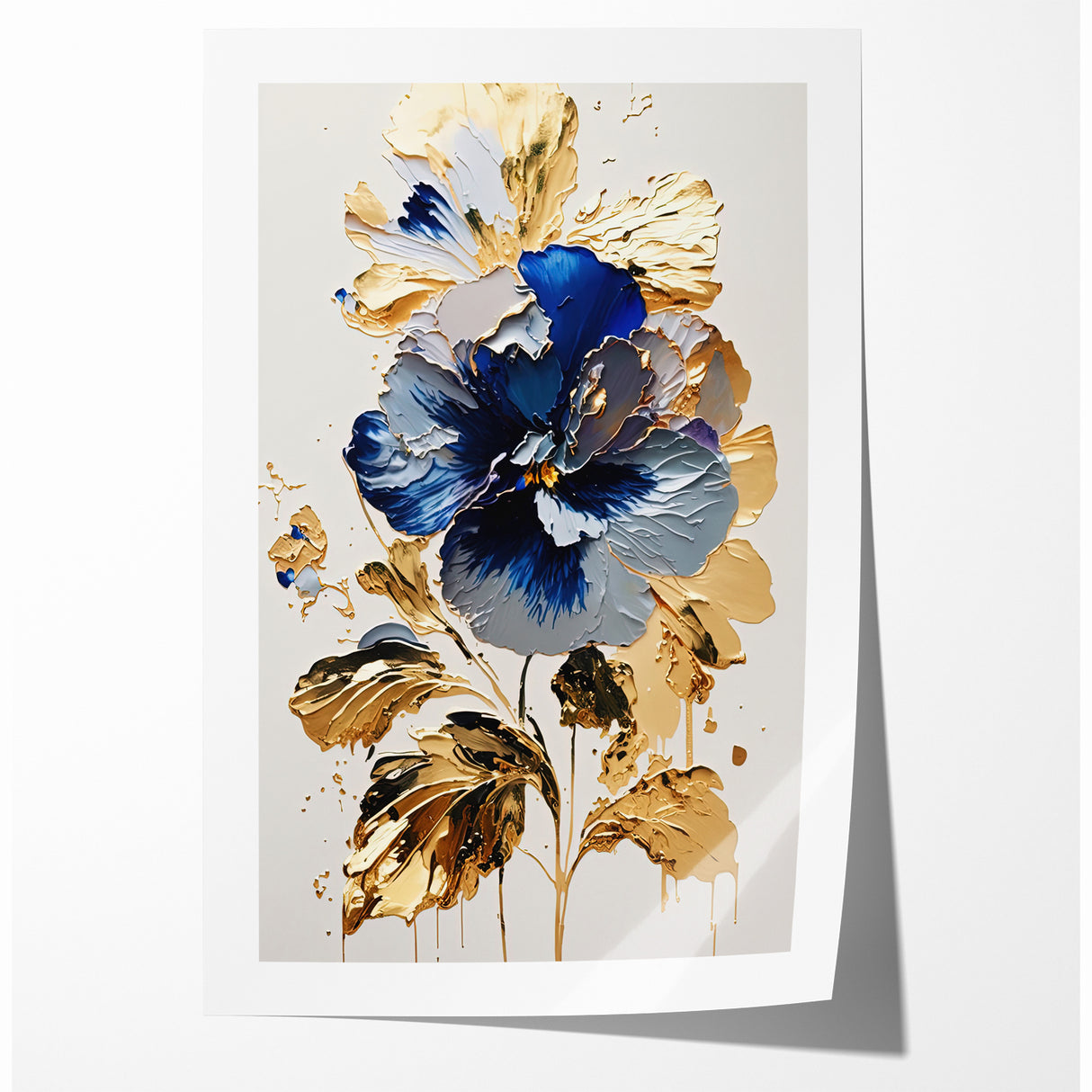 Modern Floral Abstract Canvas - Elegant Blue and Gold Flower Wall Art