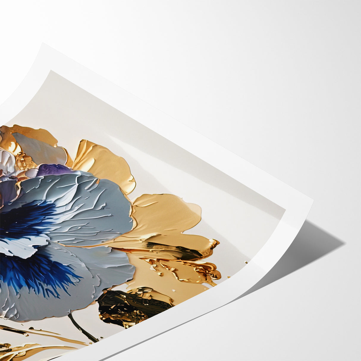 Modern Floral Abstract Canvas - Elegant Blue and Gold Flower Wall Art