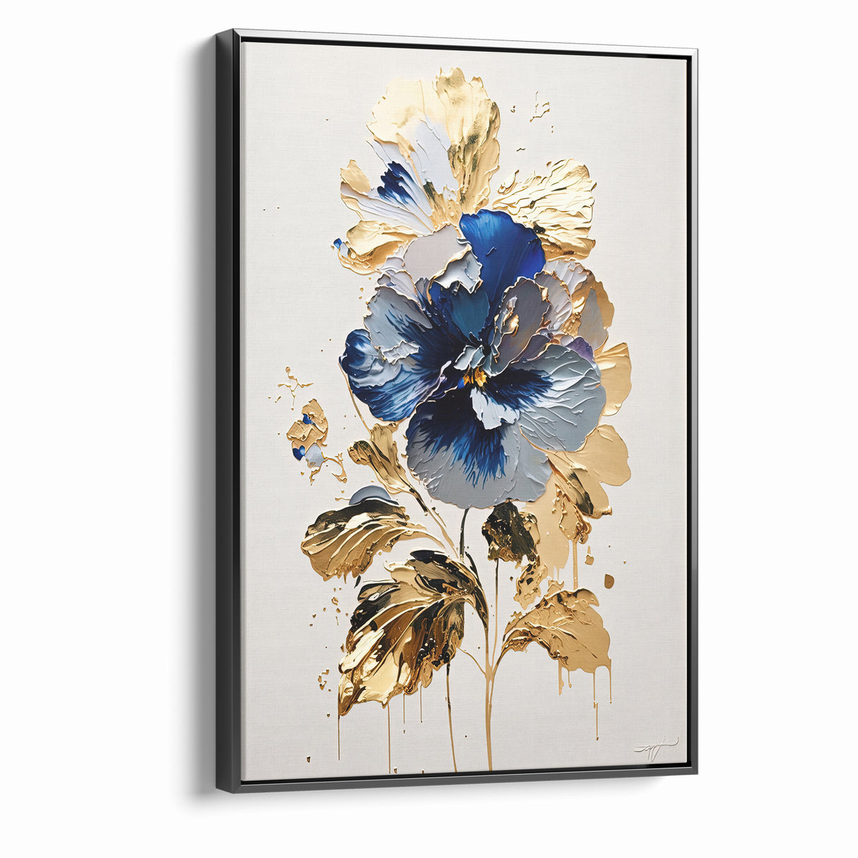Modern Floral Abstract Canvas - Elegant Blue and Gold Flower Wall Art