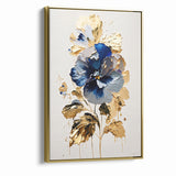 Modern Floral Abstract Canvas - Elegant Blue and Gold Flower Wall Art
