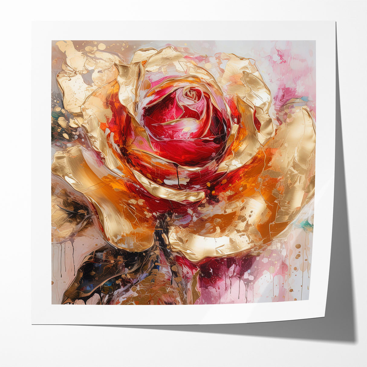 Vibrant Red and Gold Rose Canvas - Modern Abstract Floral Wall Art