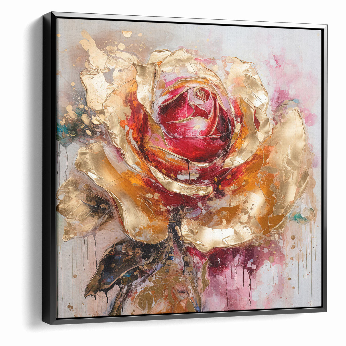 Vibrant Red and Gold Rose Canvas - Modern Abstract Floral Wall Art