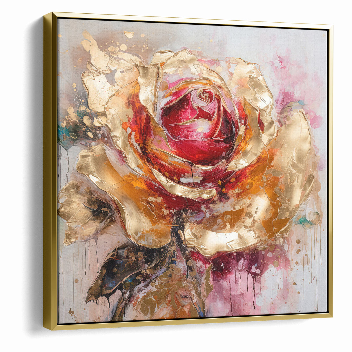 Vibrant Red and Gold Rose Canvas - Modern Abstract Floral Wall Art