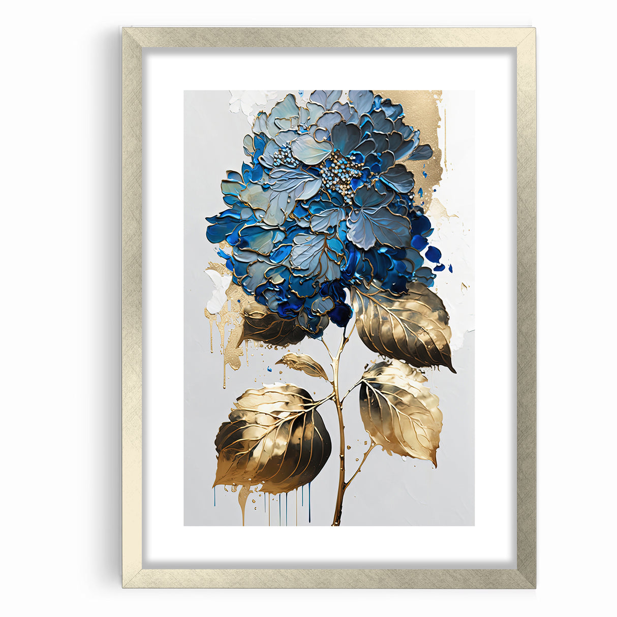 Modern Floral Abstract Wall Art - Blue & Gold Botanical Canvas