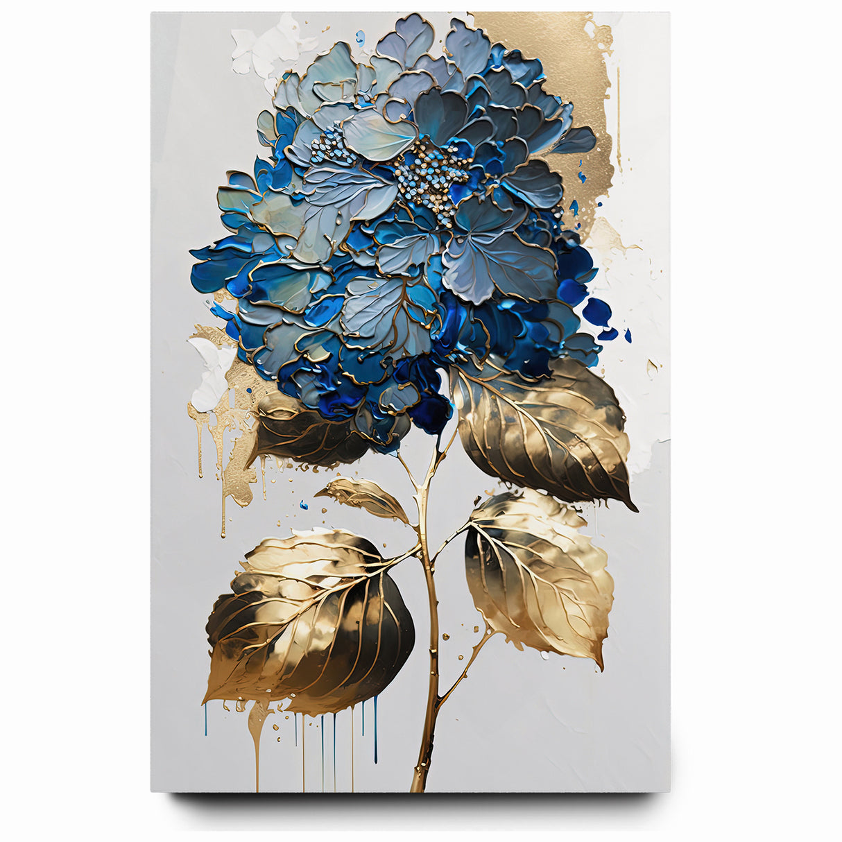 Modern Floral Abstract Wall Art - Blue & Gold Botanical Canvas
