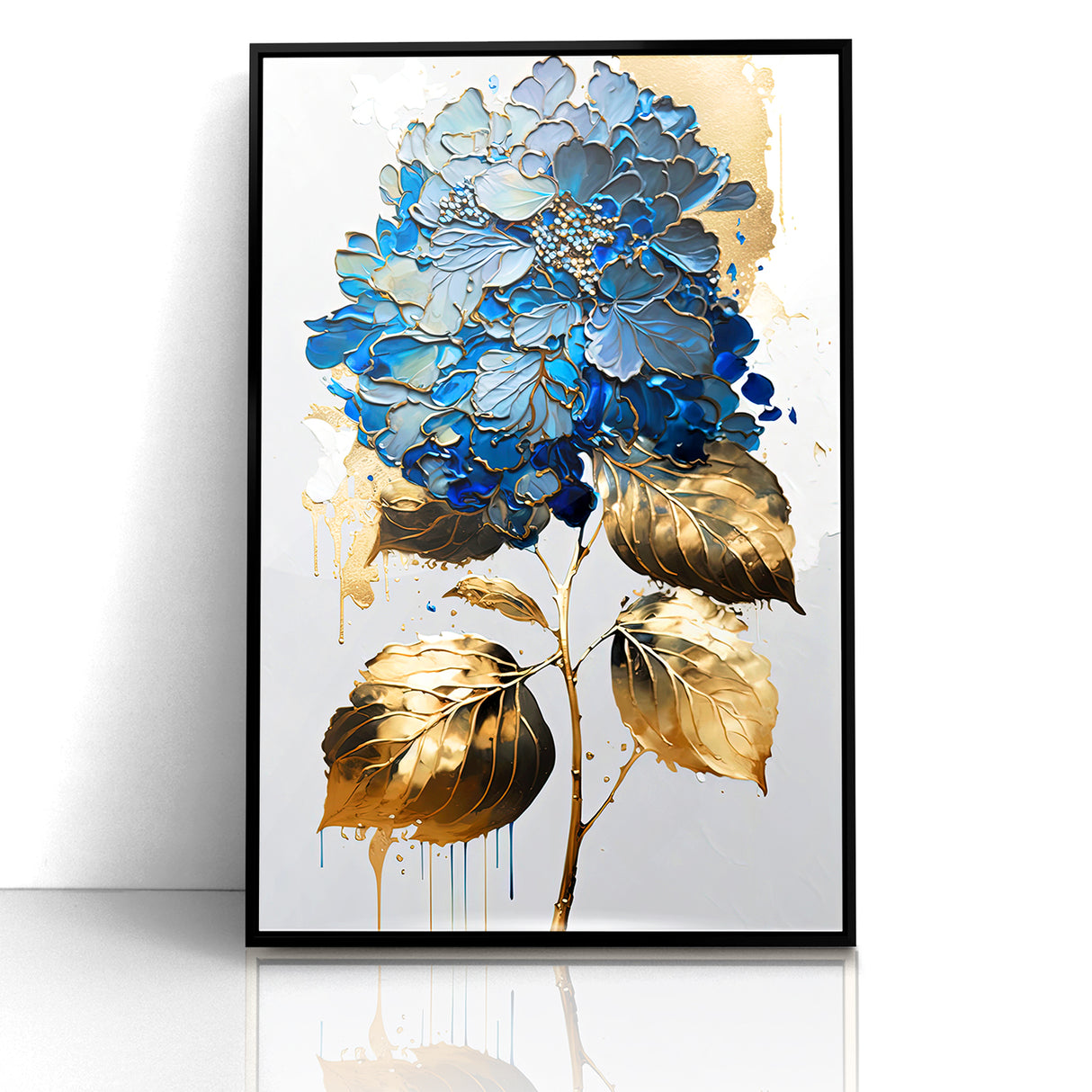 Modern Floral Abstract Wall Art - Blue & Gold Botanical Canvas