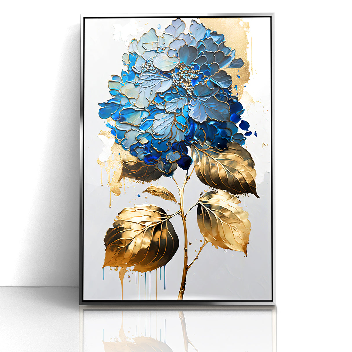 Modern Floral Abstract Wall Art - Blue & Gold Botanical Canvas