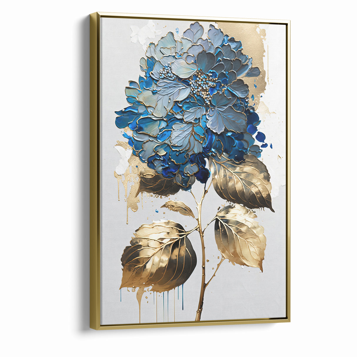 Modern Floral Abstract Wall Art - Blue & Gold Botanical Canvas
