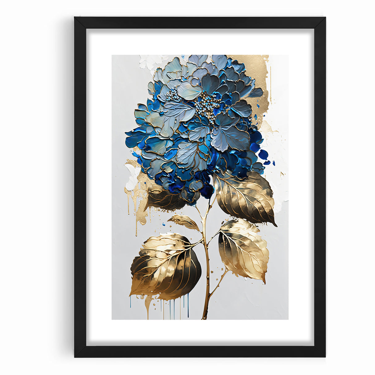 Modern Floral Abstract Wall Art - Blue & Gold Botanical Canvas