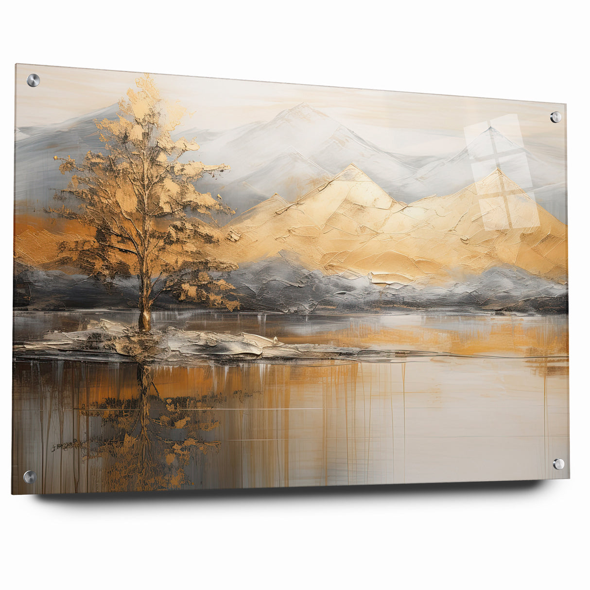 Golden Tree and Mountains Modern Landscape Abstract Wall Art