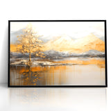 Golden Tree and Mountains Modern Landscape Abstract Wall Art