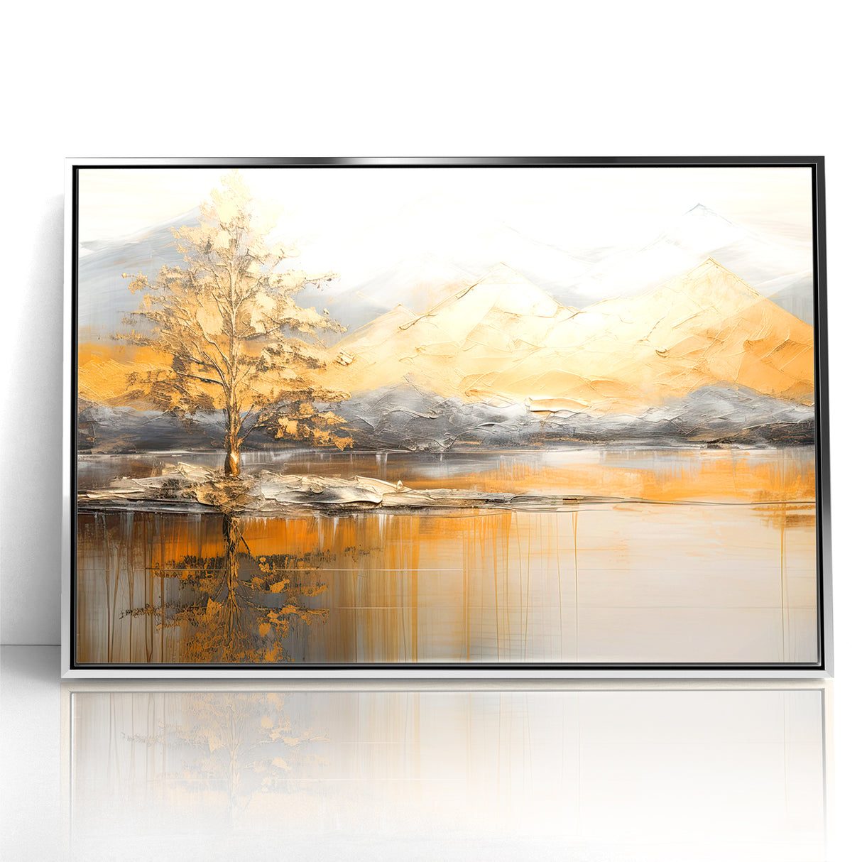 Golden Tree and Mountains Modern Landscape Abstract Wall Art