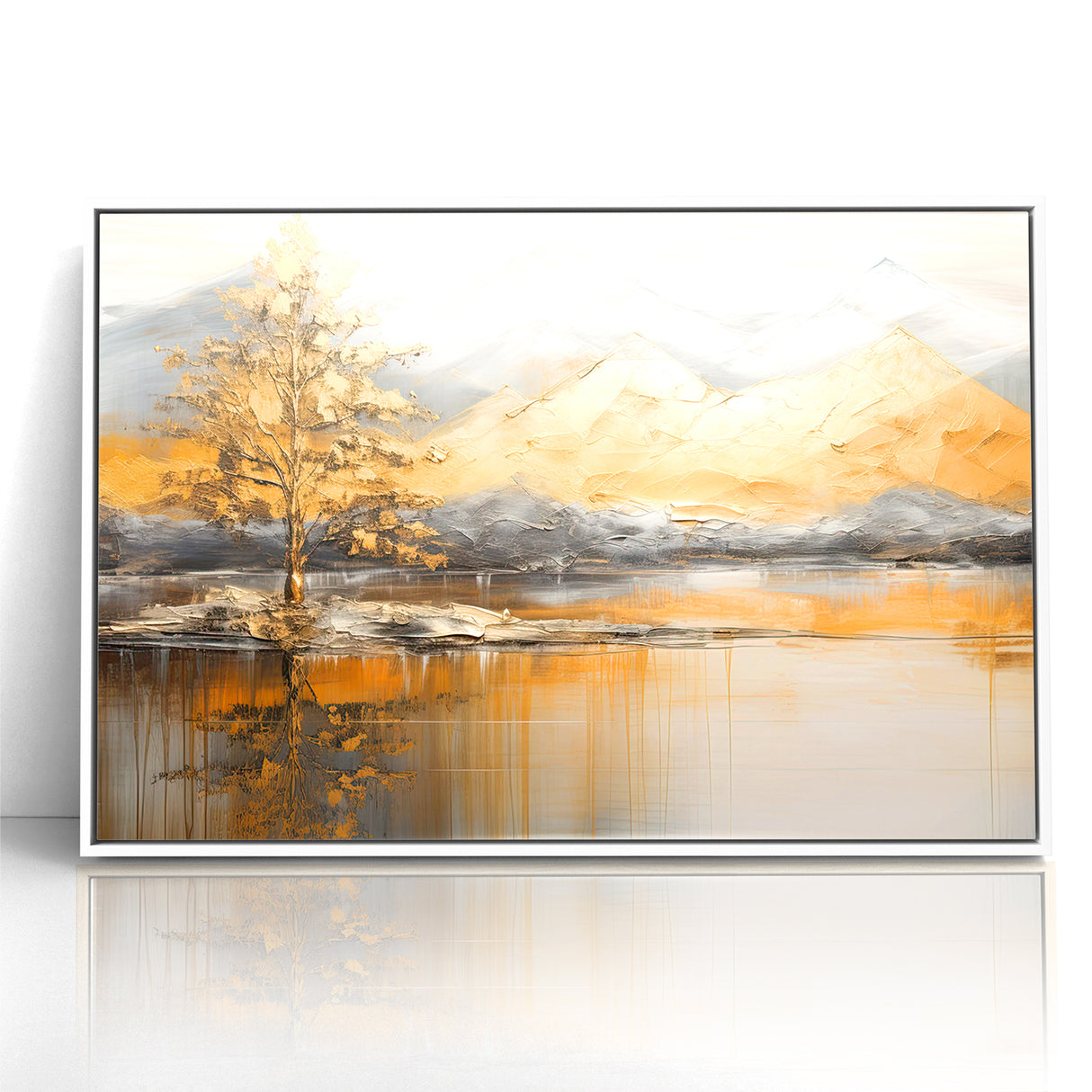Golden Tree and Mountains Modern Landscape Abstract Wall Art