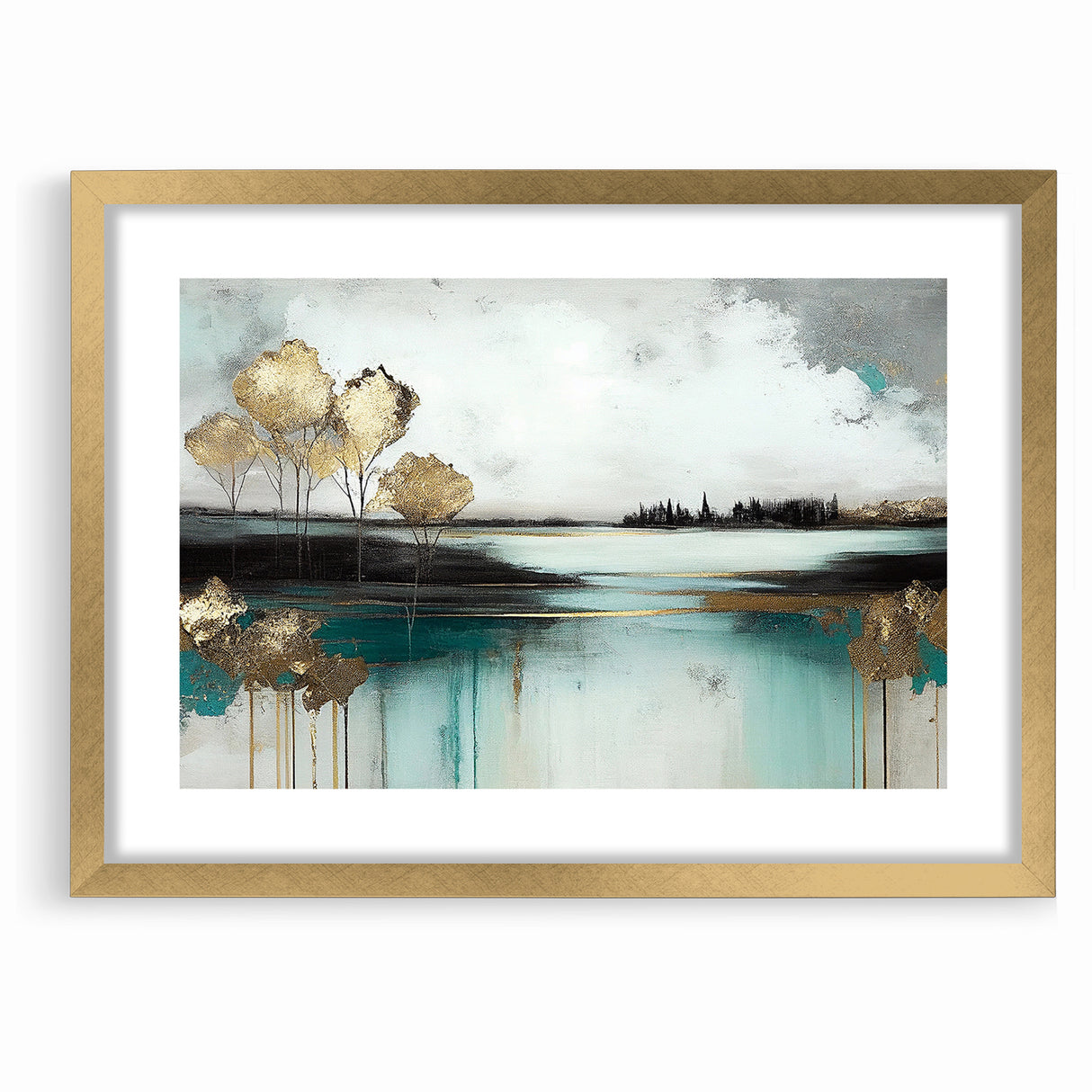 Abstract Landscape Art - Golden Trees and Serene Waters Wall Art