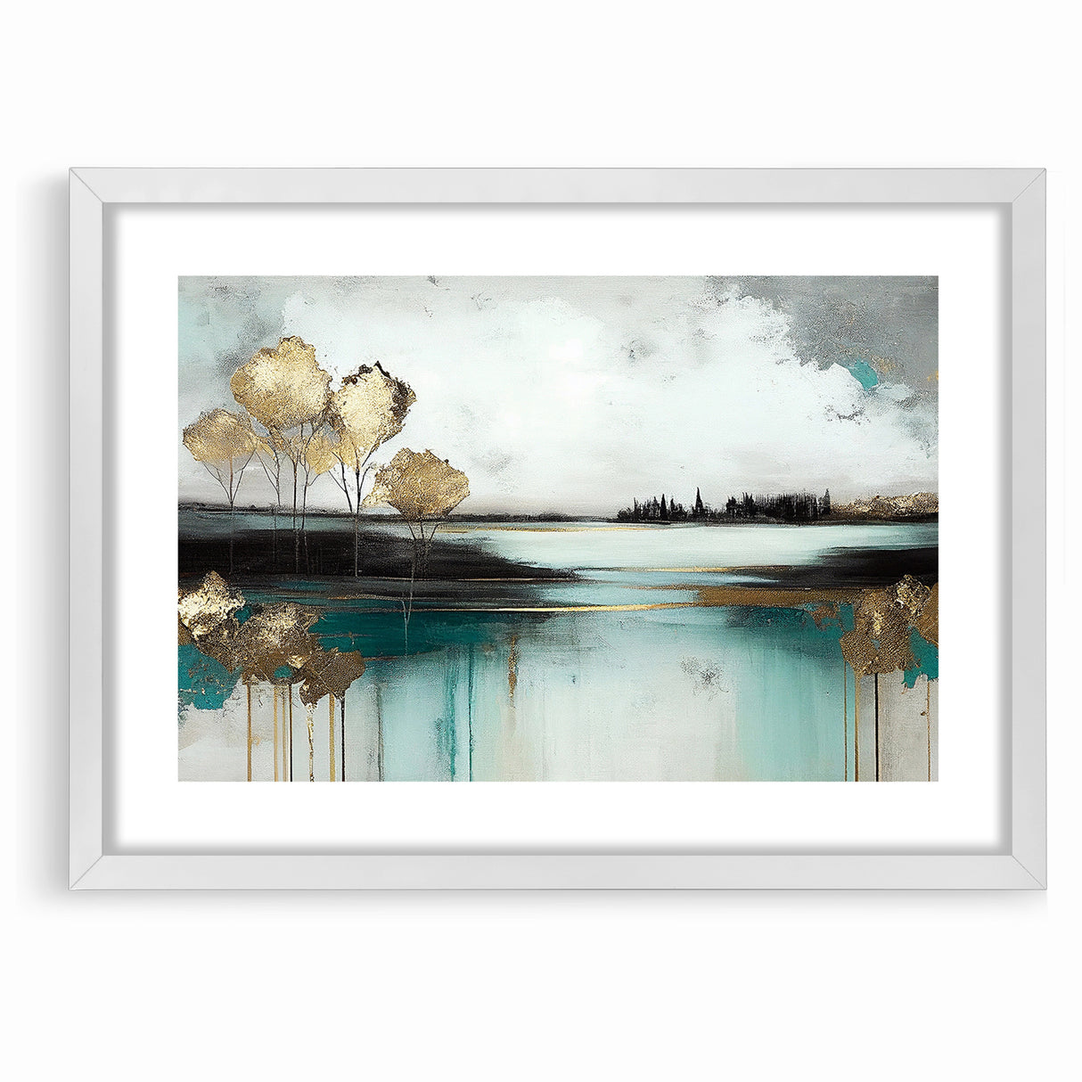Abstract Landscape Art - Golden Trees and Serene Waters Wall Art